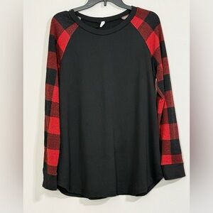 PinkBlush Buffalo Plaid Raglan Sleeve Tunic Top Black Red Curve Hem - Size XL